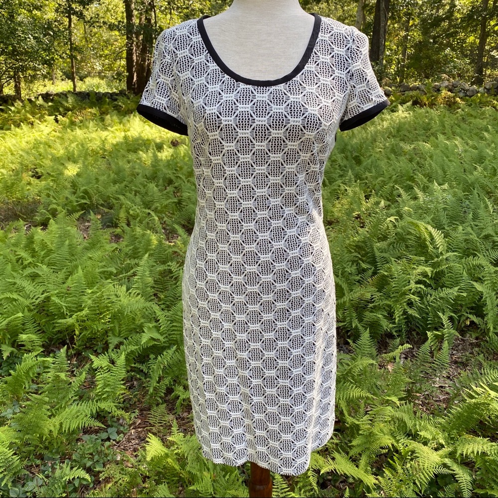 ETCETERA DRESS SHEATH WHITE LACE LOOK BLACK SHORT SLEEVE Size 0
